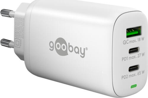 Goobay USB-C PD GaN Multiport-Schnellladegerät (65 W) weiß 2x USB-C-Anschlüsse (Power Delivery) und