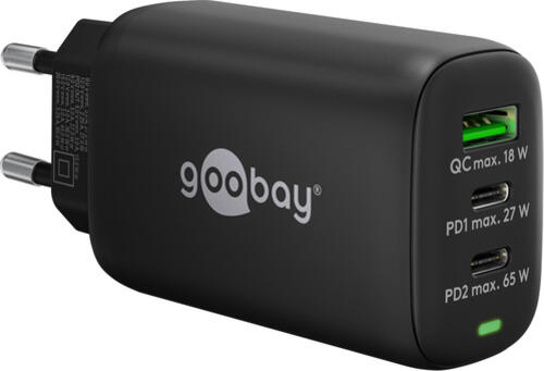 Goobay USB-C PD GaN Multiport-Schnellladegerät (65 W) schwarz 2x USB-C-Anschlüsse (Power Delivery)