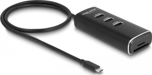 DeLOCK 3 Port USB 10 Gbps Hub inklusive SD und Micro SD Card Reader mit USB Type-C Anschluss 60 cm Kabel und Schalter für jeden Port