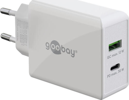 Goobay USB-C PD Dual-Schnellladegerät (30 W) weiß 1x USB-C-Anschluss (Power Delivery) und 1x USB-A-Anschluss