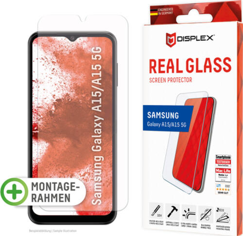 Displex Panzerglas (10H, 2D) für Samsung A15/A15 5G, Eco-Montagerahmen, kratzer-resistent