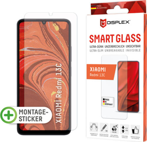 Displex Smart Glass (9H) für Xiaomi Redmi 13C, Montagesticker, unzerbrechlich