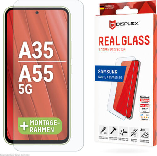 Displex Panzerglas (10H, 2D) für Samsung Galaxy A35/A55 5G, Eco-Montagerahmen, kratzer-resistent