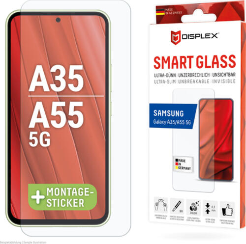 Displex Smart Glass (9H) für Samsung Galaxy A35/A55 5G, Montagesticker, unzerbrechlich