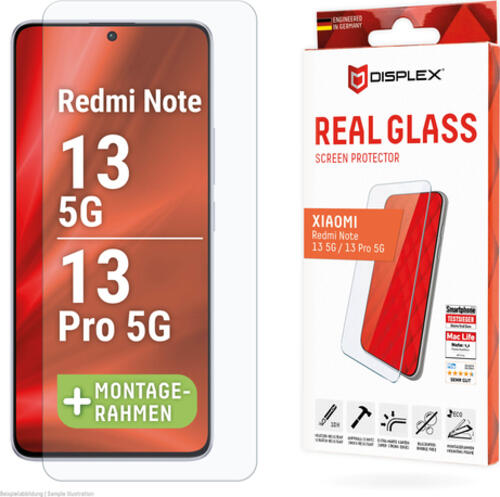 Displex Panzerglas (10H, 2D) für Xiaomi Redmi Note 13 5G/13 Pro 5G, Eco-Montagerahmen, kratzer-resistent