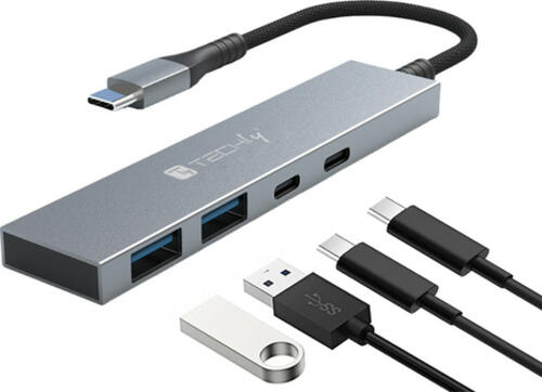 Techly IUSB32C-HUB4AC Schnittstellen-Hub USB 3.2 Gen 1 (3.1 Gen 1) Type-C 5000 Mbit/s Silber