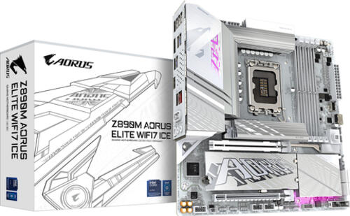 GIGABYTE Z890M AORUS ELITE WIFI7 ICE Mainboard - Unterstützt Intel Core Ultra (Serie 2) CPUs, 12+1+2 Phasen VRM, bis zu 8800MHz DDR5 (OC), 1xPCIe 5.0 + 2xPCIe 4.0, Wi-Fi 7, 2.5GbE LAN, USB 4