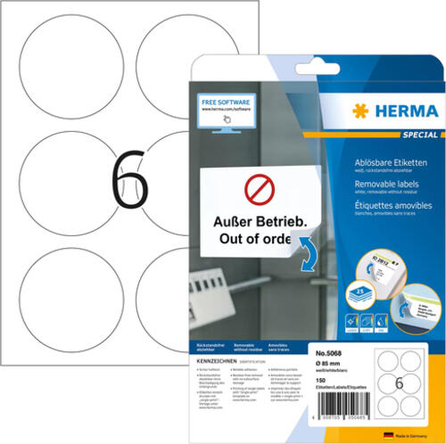 HERMA Ablösbare Etiketten A4  85 mm rund weiß Movables/ablösbar Papier matt 150 St.