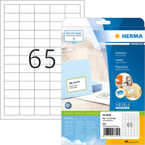 HERMA Etiketten Premium A4 38.1x21.2 mm weiß Papier matt 650 St.