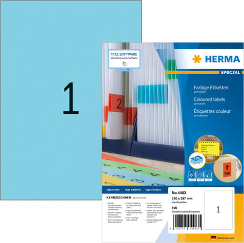 HERMA Farbige Etiketten A4 210x297 mm blau Papier matt 100 St.