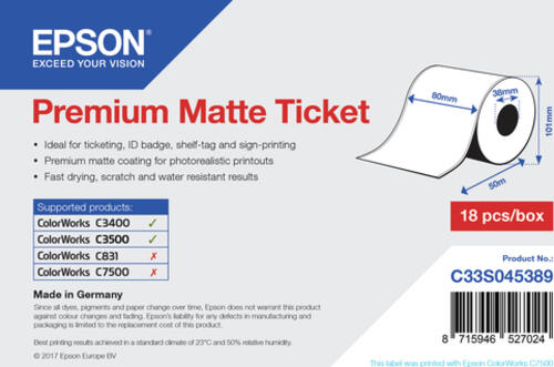 Epson Premium Matte Ticket Roll, 80 mm x 50 m