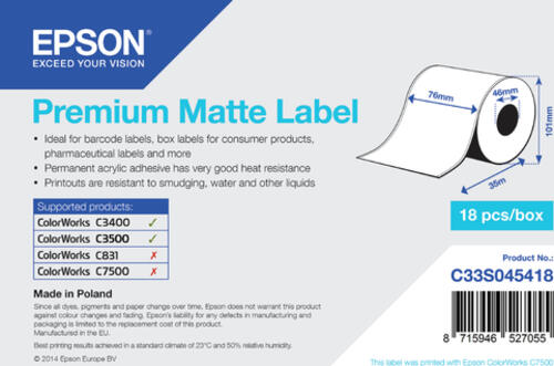 Epson Premium Matte Label Continuous Roll, 76 mm x 35 m