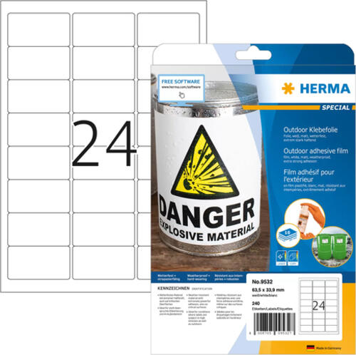 HERMA Etiketten A4 Outdoor Klebefolie 63.5x33.9 mm weiß extrem stark haftend Folie matt wetterfest 240 St.