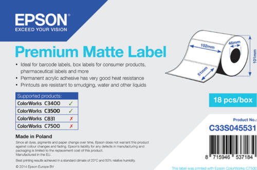 Epson Premium Matte Label - Die-cut Roll: 102mm x 51mm, 650 labels