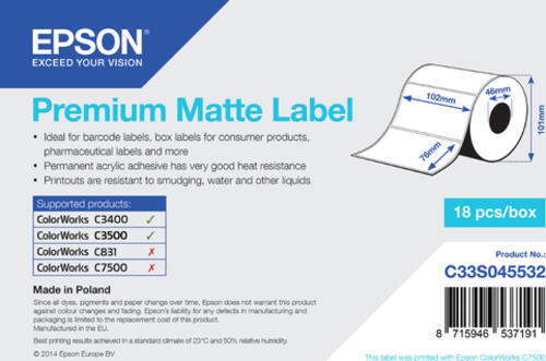 Epson Premium Matte Label - Die-cut Roll: 102mm x 76mm, 440 labels