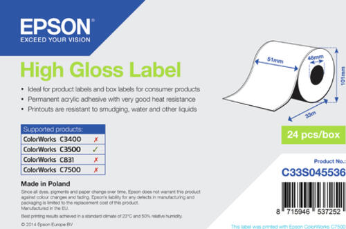 Epson High Gloss Label - Continuous Roll: 51mm x 33m