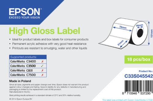 Epson High Gloss Label - Die-cut Roll: 76mm x 51mm, 610 labels