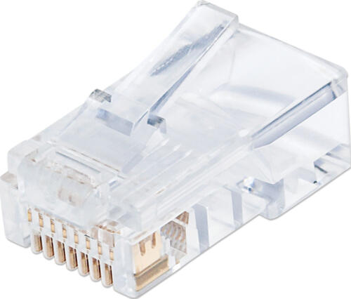 Intellinet 100er-Pack Cat5e RJ45-Modularstecker Pro Line, UTP, 3-Punkt-Aderkontaktierung, für Massivdraht, 100 Stecker im Becher, 50  vergoldete Kontakte