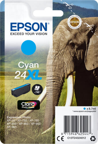 Epson Elephant Singlepack Cyan 24XL Claria Photo HD Ink