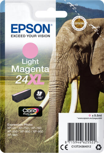 Epson Elephant Singlepack Light Magenta 24XL Claria Photo HD Ink