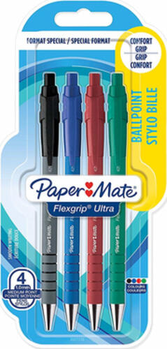 Papermate Flexgrip Ultra Schwarz, Blau, Grün, Rot Clip-on-Einziehkugelschreiber Medium 4 Stück(e)