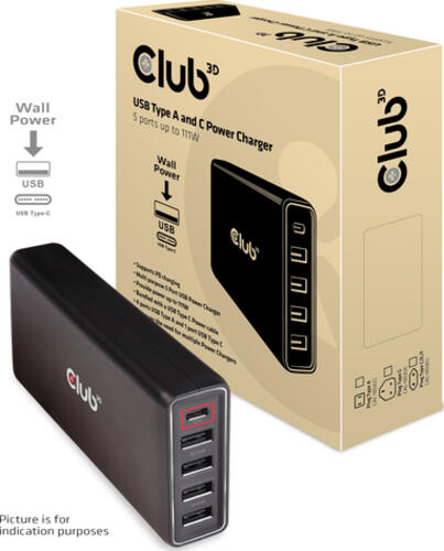 CLUB3D USB Type A and C Power Charger, 5 ports up to 111W