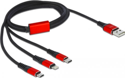 DeLOCK USB Ladekabel 3 in 1 Typ-A zu Lightning / 2 x USB Type-C 1 m schwarz / rot