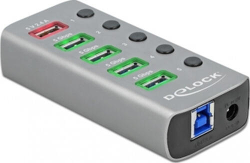 DeLOCK USB 5 Gbps Hub mit 4 Ports + 1 Schnellladeport + 1 USB-C PD 3.0 Port mit Schalter und Beleuchtung