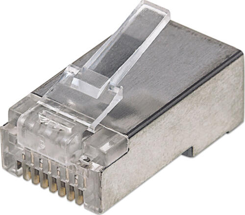 Intellinet 100er-Pack Cat5e RJ45-Modularstecker, STP, 3-Punkt-Aderkontaktierung, für Massivdraht, 100 Stecker im Becher