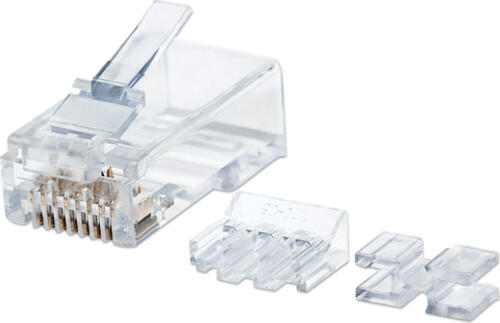 Intellinet 80er-Pack Cat6A RJ45-Modularstecker, UTP, 3-Punkt-Aderkontaktierung, für Massivdraht, 80 Stecker im Becher