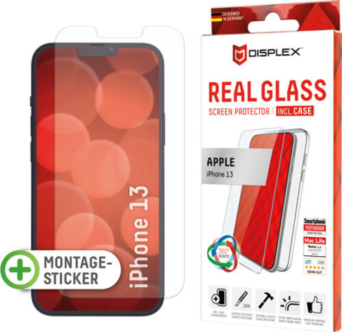 Displex Panzerglas (10H) + Case für Apple iPhone 13, Montagesticker, + Case, Tempered Glas, kratzer-resistente Schutzfolie