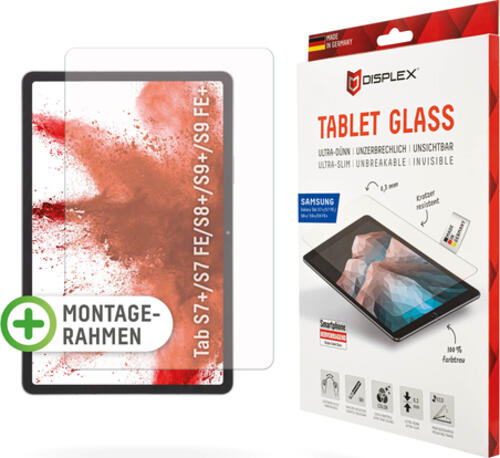 Displex Tablet Glass (9H) für Samsung Galaxy Tab S7+/S7 FE/S8+/S9+/S9 FE+, Eco-Montagerahmen L-Form, unzerbrechlich