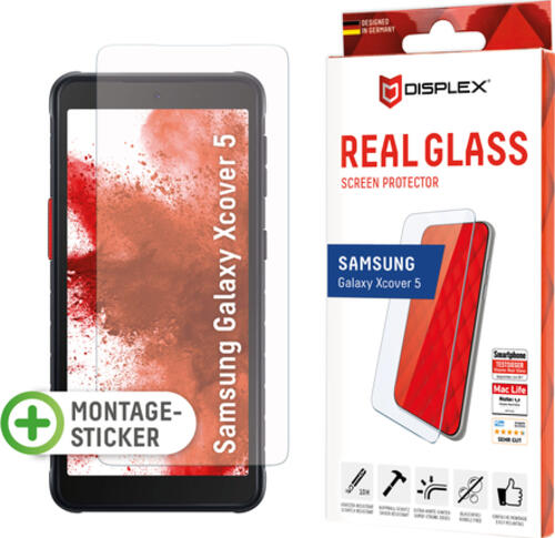 Displex Panzerglas (10H) für Samsung Xcover 5, Montagesticker, Tempered Glas, kratzer-resistente Schutzfolie, hüllenfreundlich