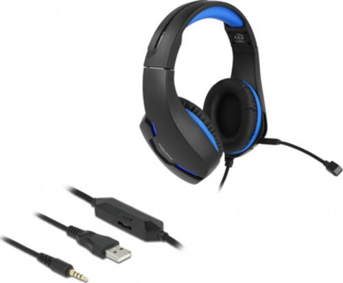 DeLOCK Gaming Headset Over-Ear mit 3,5 mm Klinkenstecker und blauem LED Licht für PC, Notebook und Spielekonsolen