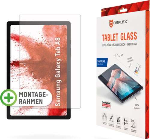 Displex Tablet Glass (9H) für Samsung Galaxy Tab A8, Eco-Montagerahmen L-Form, unzerbrechlich, ultra-dünn, unsichtbar