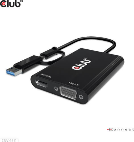 CLUB3D USB Gen1 Type-C/-A to Dual HDMI (4K/30Hz) / VGA (1080/60Hz)